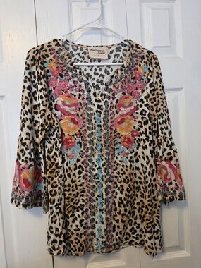 Savanna Jane Leopard Print Blouse with Pink, Turquoise & Gold Embroidery